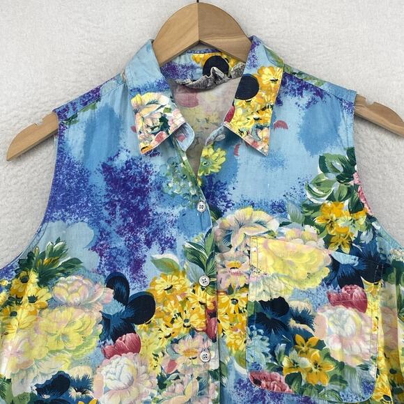 TAKEAWAY Top Womens L Floral Print Sleeveless Shirt Blouse Cotton Blue Vintage - Picture 5 of 10